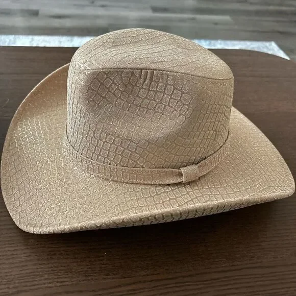 Glitter Gold Champagne Cowboy Hat – Croc-Embossed Western Style M New